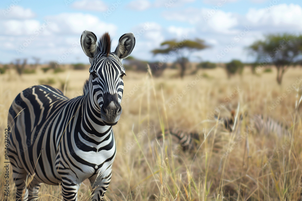 Poster zebra is standing in a field of tall grass. the zebra is looking directly at the camera, and the sky