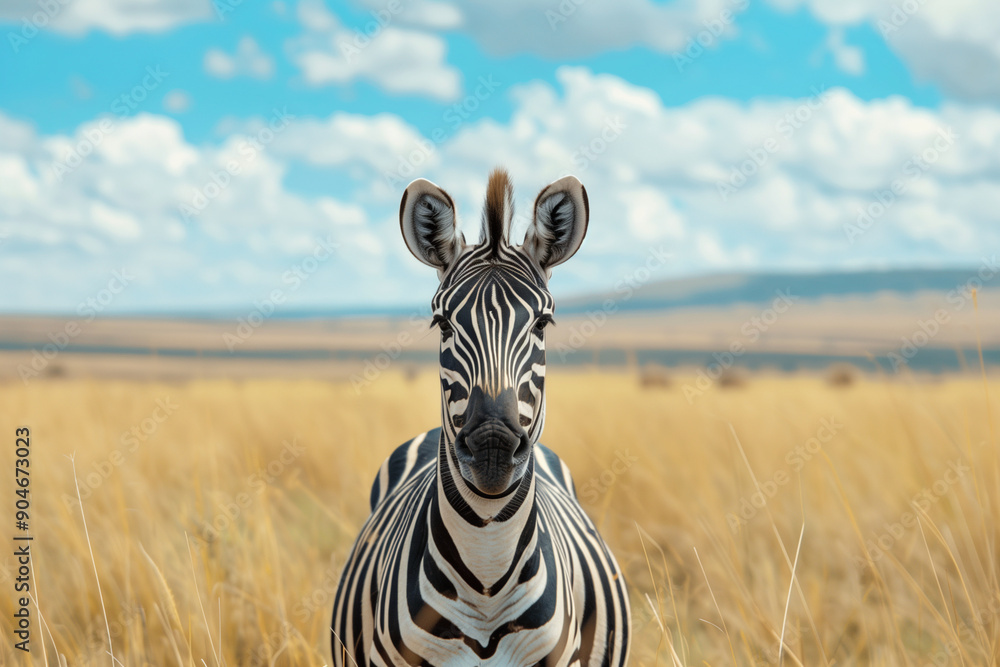 Poster zebra is standing in a field of tall grass. the zebra is looking directly at the camera, and the sky