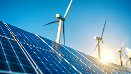 Solar Panels and Wind Turbines in a Renewable Energy Farm with Bright Sunlight