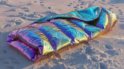 123. Thermal Sleeping Bag, realistic style, vibrant hues, metallic pattern, eye level, soft light, shadows,