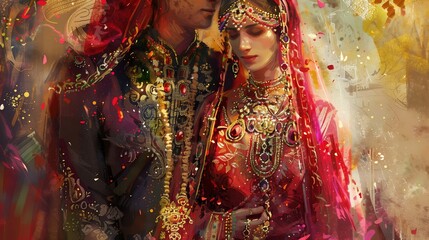 Fototapeta premium an illustration of a bride and groom in elaborate wedding garments