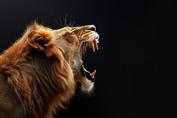 Fototapeta premium lion is roaring with its mouth wide open. The lion's mouth is full of teeth, and its tongue is hanging out. The lion's roar is loud and powerful, conveying a sense of strength and dominance