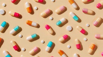 Top view of assortment of pills of many colors with pastel color background