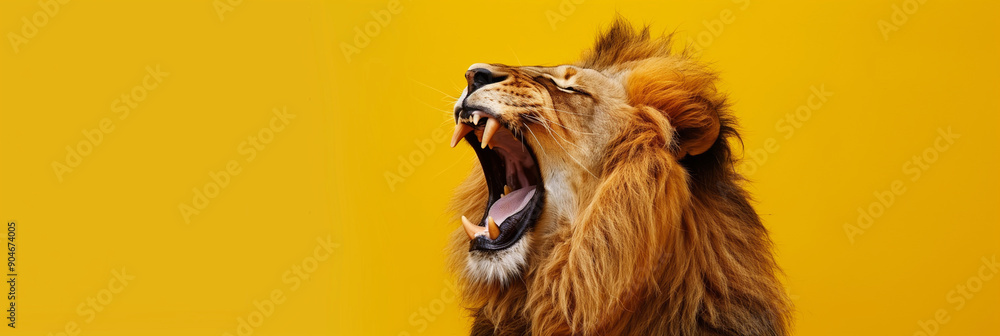 Poster lion is yawning and has its mouth open. the yellow background adds a warm and inviting atmosphere to