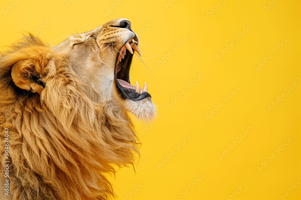 Poster lion is yawning and has its mouth open. the yellow background adds a warm and inviting atmosphere to