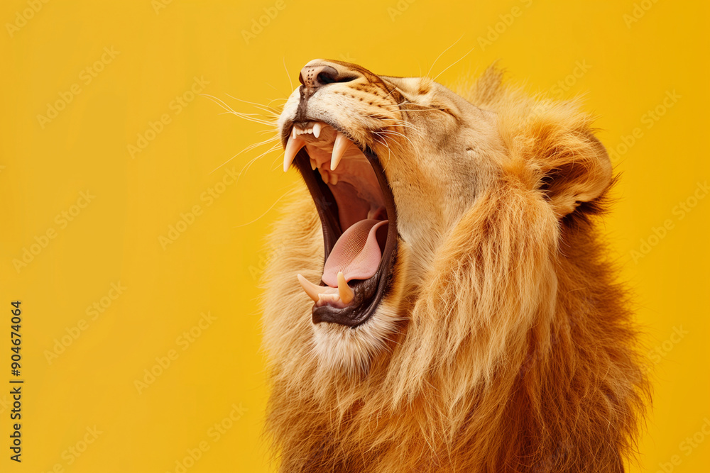 Poster lion is yawning and has its mouth open. the yellow background adds a warm and inviting atmosphere to