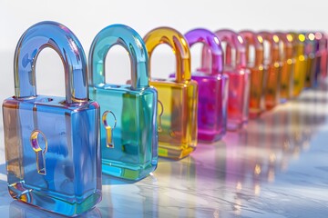 Array of colorful neon padlocks, showing diversity and creativity in digital security solutions