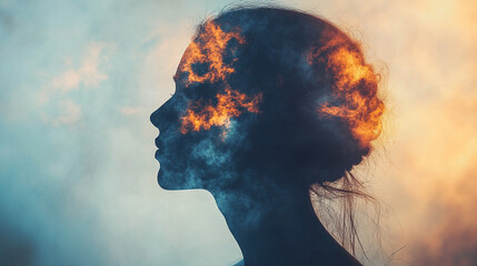 human head outline filled with a serene landscape symbolizes harmony between mind and nature. The transparent effect reflects the openness of thoughts and the interconnectedness of the environment