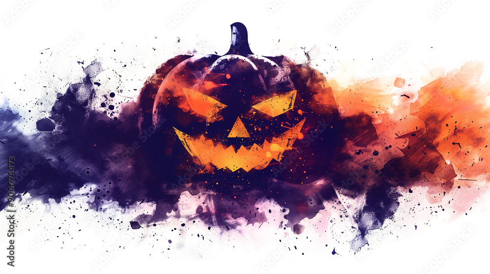 Wall mural Isolated Halloween brush stroke splash with Jack o'lantern in watercolor illustration style on transparent background, Volume 2: Black, purple and orange color tone.