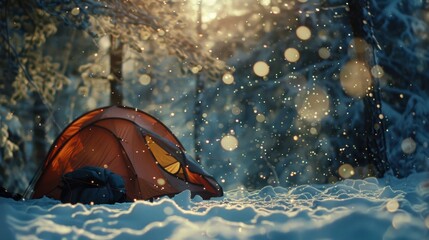 125. Cold Weather Camping, realistic style, bold colors, nature-inspired pattern, wide shot, backlight, bokeh,