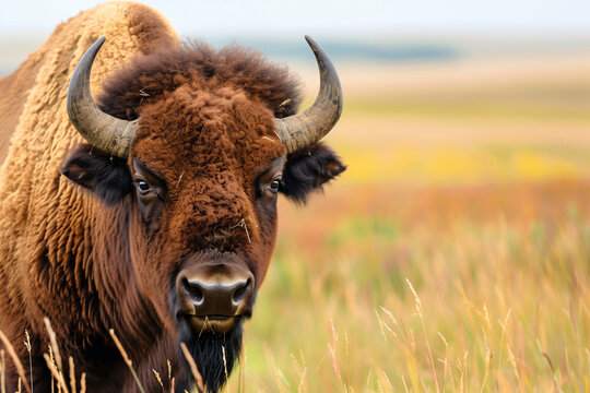 large brown buffalo is standing in a field of tall grass. The buffalo has large horns on its head and is looking directly at the camera. Concept of wildness and freedom
