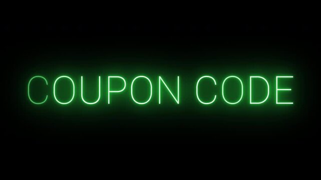 4K, flickering neon green coupon code text animated on black background