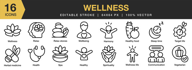 Wellness icon set. Editable Stroke Icon Collection. Includes harmony, healthy food, spa, spiritual, relax, wellness, and More. Outline icons vector collection.