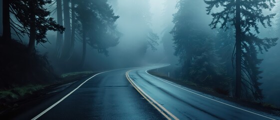 Fototapeta premium Serene Foggy Forest Road at Dawn with Tall Trees and Misty Atmosphere