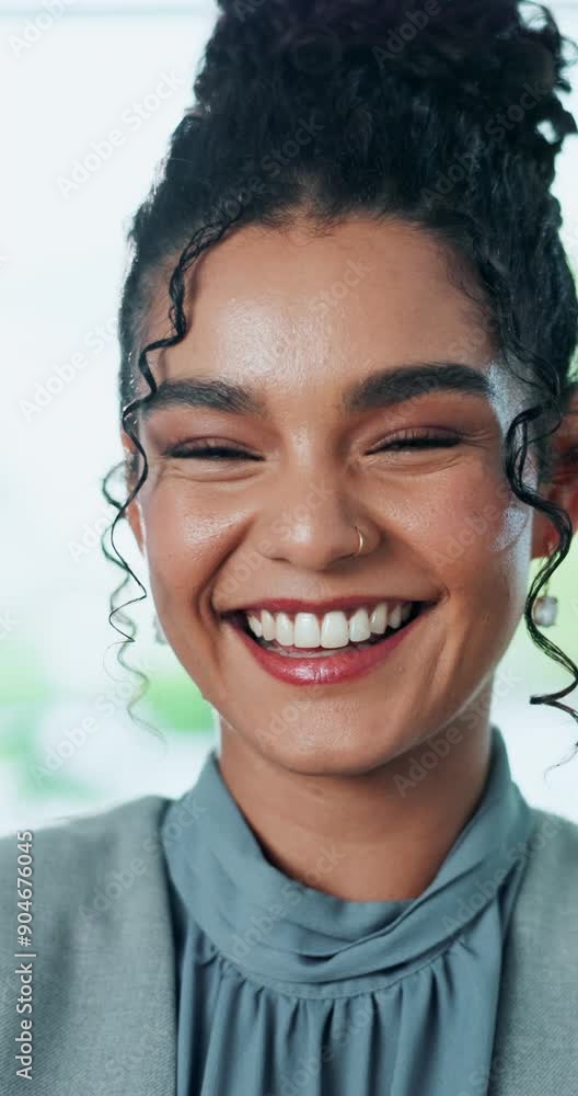 Sticker Laugh, office and face of business woman with confidence for work, career and job opportunity. Professional, corporate consultant and portrait of happy person with smile for insurance company