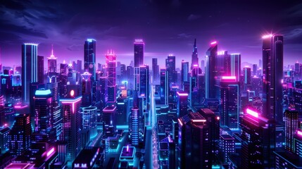 Fototapeta premium Futuristic Neon Cityscape at Night with Glowing Skyscrapers and Vibrant Lights in a Cyberpunk Style