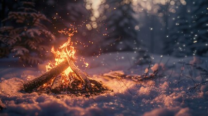 128. Campfire in Snow, realistic style, muted tones, stripes pattern, medium shot, natural light, sparks,