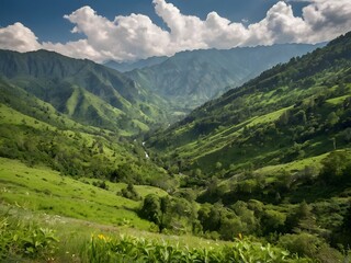 Naklejka premium Serene summer mountainscape veiled in ethereal clouds