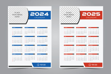 2024 and 2025 wall calendar design template. Blue and red calendar design for print, week starts on sunday