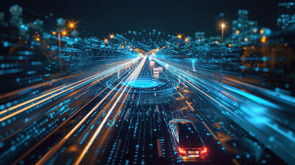 Fototapeta premium A car is driving down a road with a city skyline in the background. The car is surrounded by a blur of lights, giving the impression of a busy city street