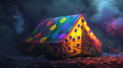 129. Insulated Tent, realistic style, vibrant hues, polka dots, low angle, bright light, smoke,