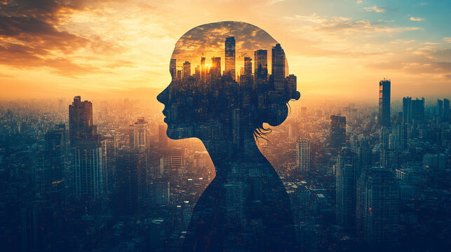 construction worker woman wearing safety gear, with transparent buildings in the background. The image symbolizes the strength, diversity, and contributions of women in the workforce, especially in co