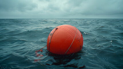 Large red buoy floating on the ocean under a moody, cloudy sky.