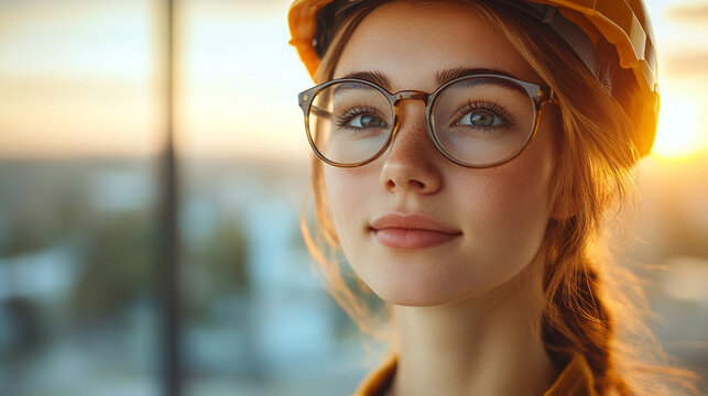 construction worker woman wearing safety gear, with transparent buildings in the background. The image symbolizes the strength, diversity, and contributions of women in the workforce, especially in co