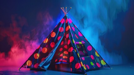 129. Insulated Tent, realistic style, vibrant hues, polka dots, low angle, bright light, smoke,