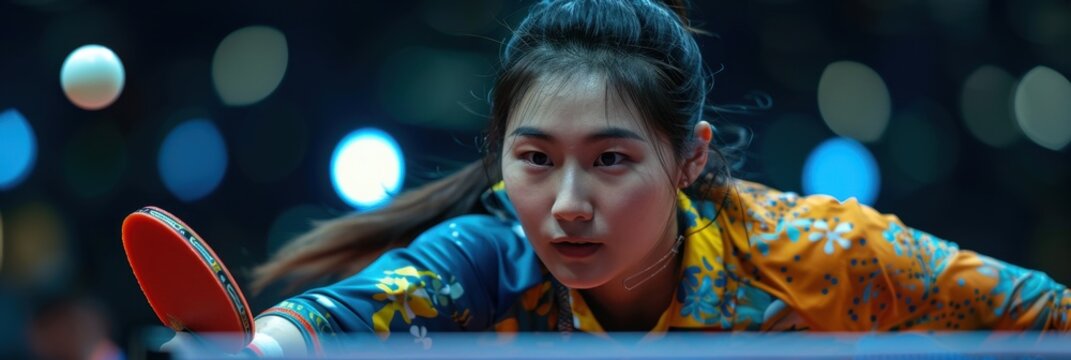 Focused female table tennis player in action, intense match setting with blurred background lights, sporting concentration and dedication.