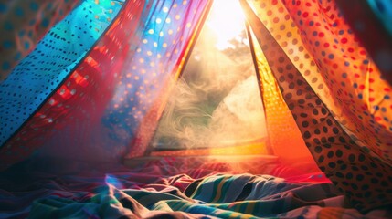 129. Insulated Tent, realistic style, vibrant hues, polka dots, low angle, bright light, smoke,