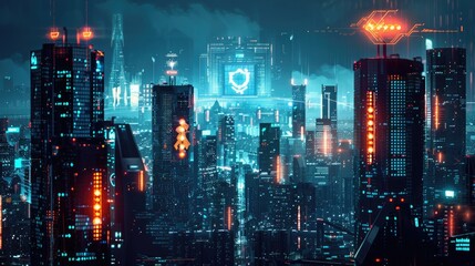 Fototapeta premium Digital watchdog AI monitoring a glowing cityscape for signs of cyber intrusions.