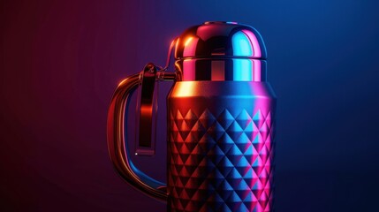 131. Hot Drink Thermos, realistic style, bold colors, geometric pattern, close-up, high contrast, glowing light,