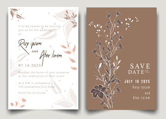 wedding invitation card background vector. Elegant hand drawn flower and line art with elegant garden anemone template Design illustration for wedding and template, banner.