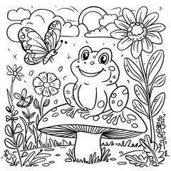 Fototapeta premium a cute frog line art illustration with cartoon flowers, sun, clouds, plants. children coloring page. kids drawing book. hand drawn frog art. illustration of a cute frog animal.