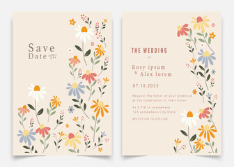 wedding invitation card background vector. Elegant hand drawn flower and line art with elegant garden anemone template Design illustration for wedding and template, banner.