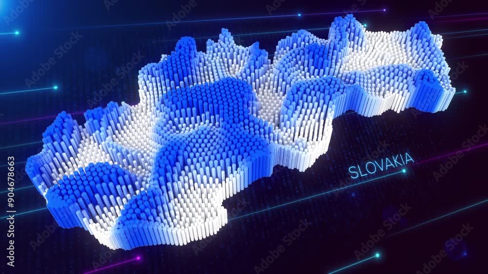 Poster digital motion 3d perspective dynamic rippling map of slovakia in blue and white, set against dark f