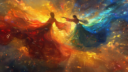 Galactic Dance with Swirling Colors