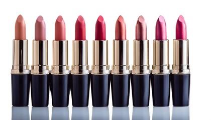 Fototapeta premium Lipsticks composition isolated on white background; a row of make-up products.