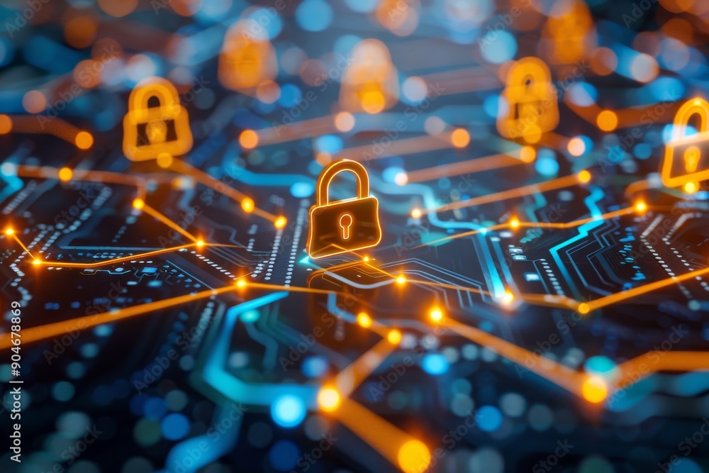 Poster orange digital locks connected in a network, illustrating robust cybersecurity infrastructure