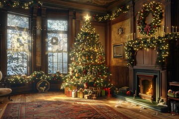 Interior Christmas. Shimmering icicles a charming advent calendar and a classic rocking chair