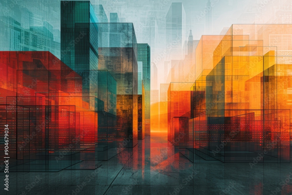 Aufkleber abstract cityscape overlaid with digital locks, visualizing the security of urban data networks