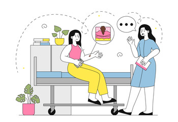 Woman with melanoma. Dermatologist examines patients skin. Cancer prevention and health care. Doctor diagnoses oncology. Oncologist examination in hospital. Linear vector illustration