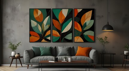 A triptych wall art with abstract geometric design Living room and table set and sofa set.generative.ai
