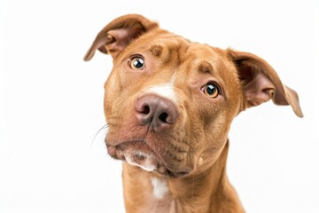 Brown dog gazing up at camera in closeup portrait on white background for pet magazine cover or animal photography collection