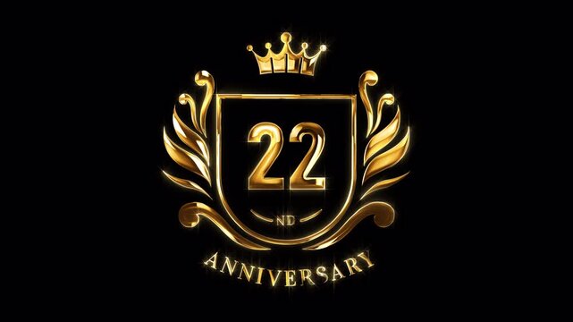 22nd Anniversary Celebration. Happy 22 Years Anniversary Animation in Gold Color on the Transparent Background, Alpha Channel. Great for greetings, celebrations, events, and gifts.