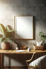 An empty poster frame mockup on the wall with natural bright light on the desk