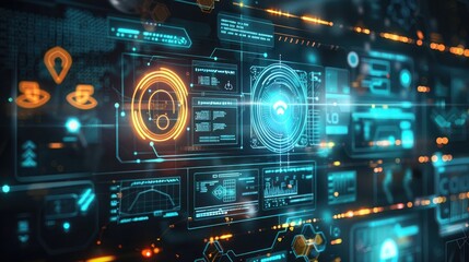 Obraz premium Holographic interface displaying real-time network traffic patterns and potential threats.