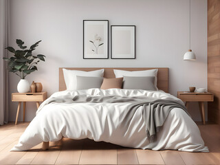 Modern scandinavian and Japandi style bedroom interior design with bed white color. Wooden table and floor, mock up frame wall. 3d render. High quality 3d illustration. 3D Illustration