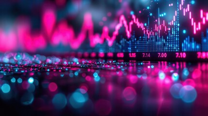 Abstract financial chart with dynamic lines and glowing patterns, symbolizing market trends and data analysis in vibrant colors.